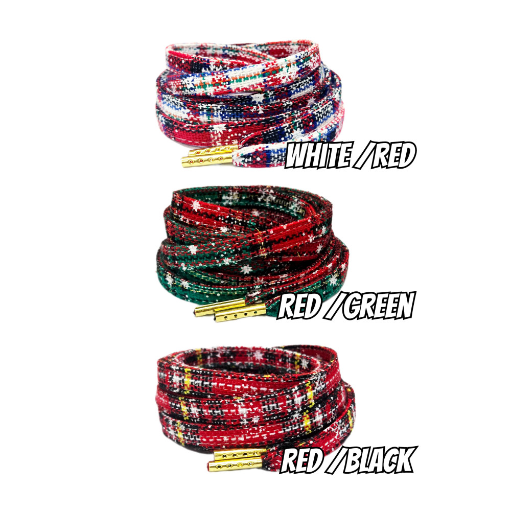 Christmas Checkered Fabric Shoelaces - White - Red - Green -